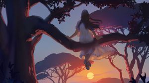 Preview wallpaper girl, tree, alone, sunset, art