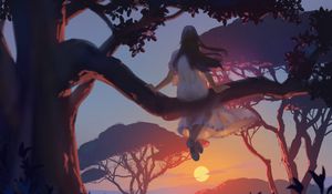 Preview wallpaper girl, tree, alone, sunset, art