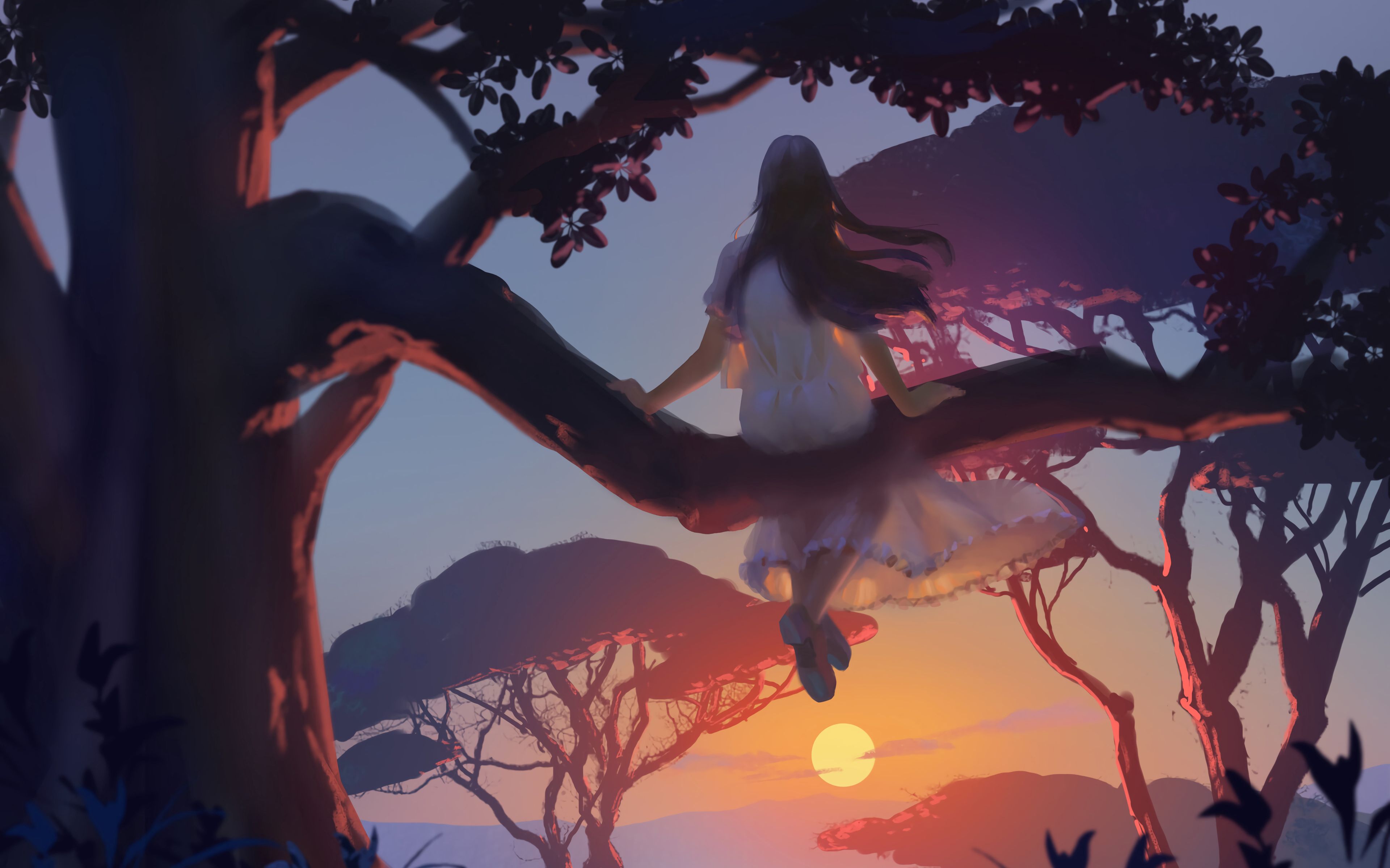Девушка на фоне заката дерево