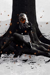 Preview wallpaper girl, tree, autumn, leaves, mood