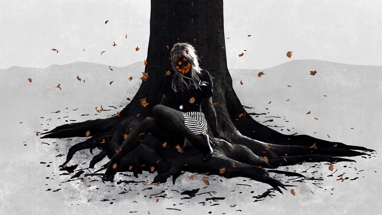 Wallpaper girl, tree, autumn, leaves, roots