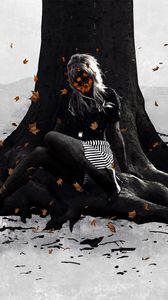 Preview wallpaper girl, tree, autumn, leaves, roots