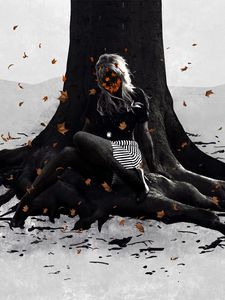 Preview wallpaper girl, tree, autumn, leaves, roots