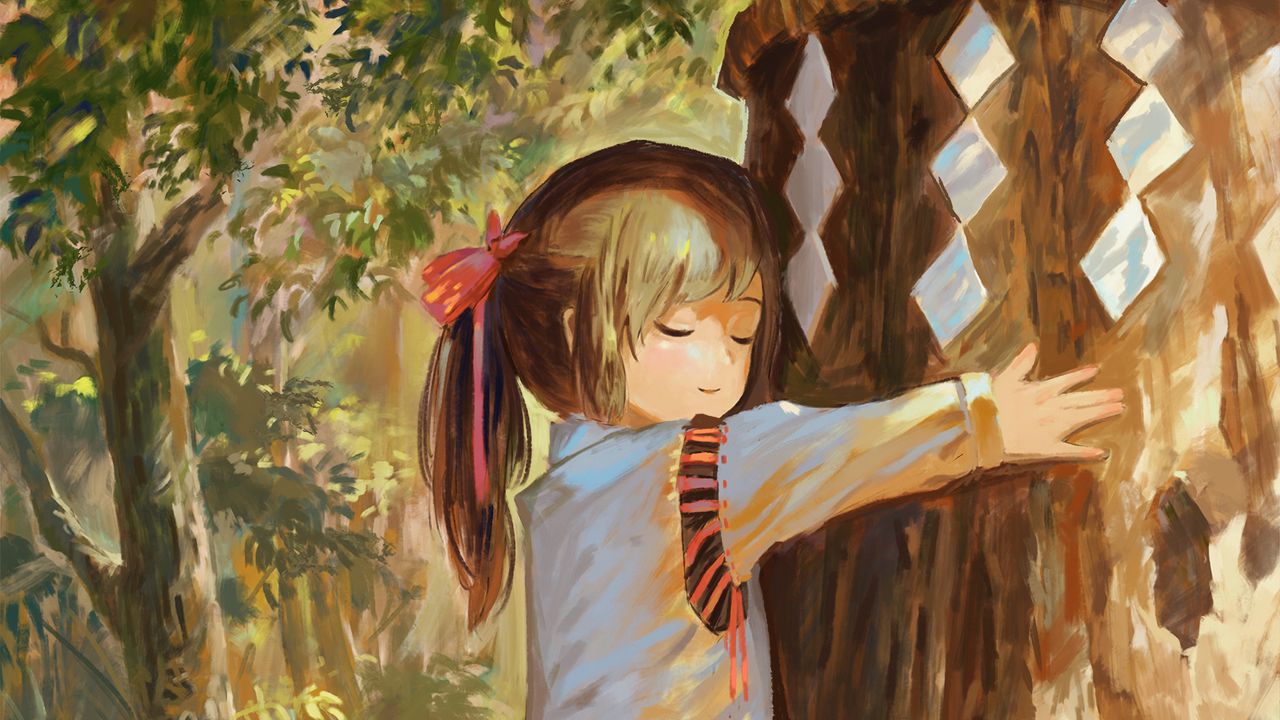 Wallpaper girl, tree, hugs, nature, anime, art