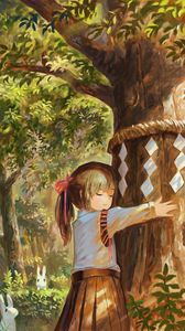 Preview wallpaper girl, tree, hugs, nature, anime, art
