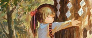 Preview wallpaper girl, tree, hugs, nature, anime, art