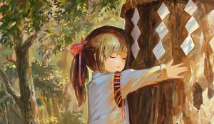 Preview wallpaper girl, tree, hugs, nature, anime, art