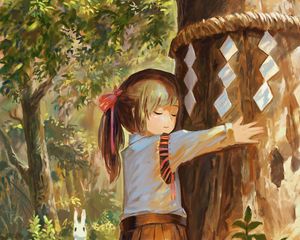 Preview wallpaper girl, tree, hugs, nature, anime, art