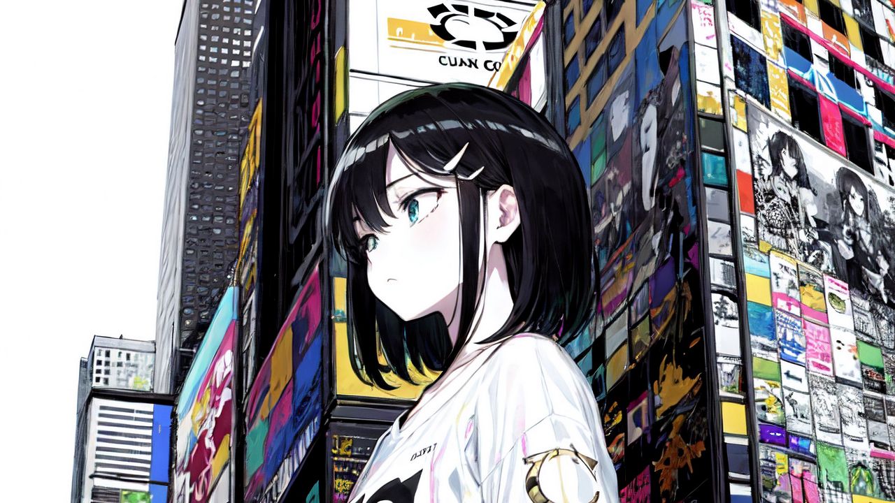 Wallpaper girl, t-shirt, buildings, anime