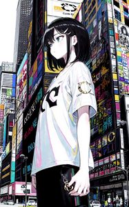 Preview wallpaper girl, t-shirt, buildings, anime