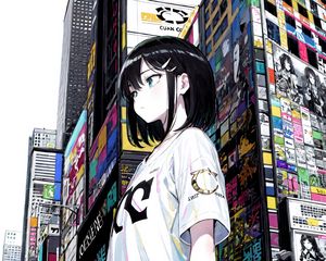 Preview wallpaper girl, t-shirt, buildings, anime