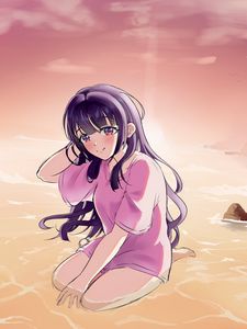 Preview wallpaper girl, t-shirt, sea, water, anime