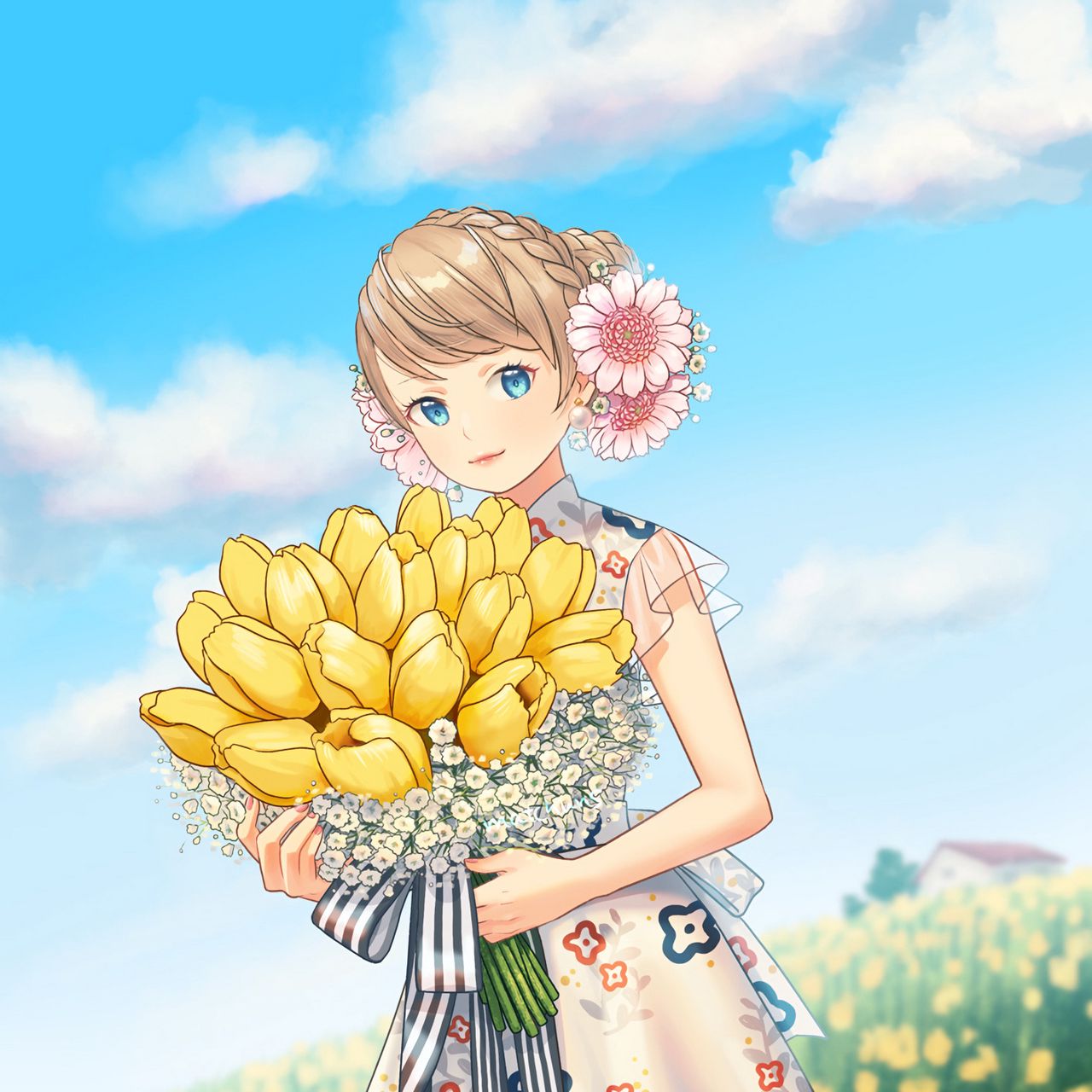 Download wallpaper 1280x1280 girl, tulips, flowers, bouquet, field, anime  ipad, ipad 2, ipad mini for parallax hd background