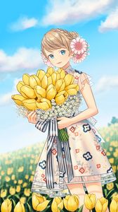 Preview wallpaper girl, tulips, flowers, bouquet, field, anime