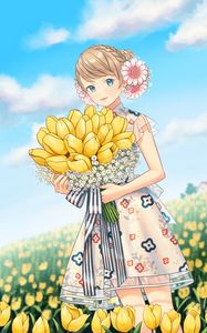 Preview wallpaper girl, tulips, flowers, bouquet, field, anime