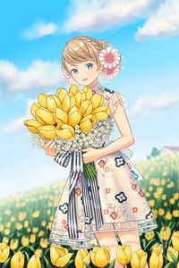 Preview wallpaper girl, tulips, flowers, bouquet, field, anime