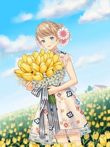 Preview wallpaper girl, tulips, flowers, bouquet, field, anime