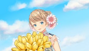 Preview wallpaper girl, tulips, flowers, bouquet, field, anime