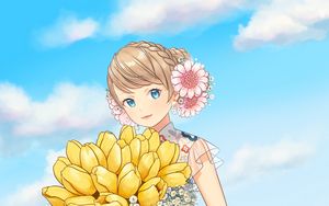 Preview wallpaper girl, tulips, flowers, bouquet, field, anime