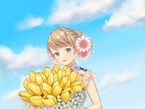 Preview wallpaper girl, tulips, flowers, bouquet, field, anime