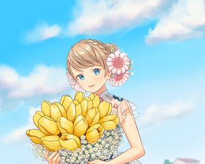 Preview wallpaper girl, tulips, flowers, bouquet, field, anime