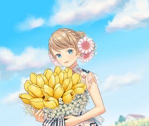 Preview wallpaper girl, tulips, flowers, bouquet, field, anime