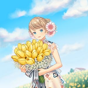 Preview wallpaper girl, tulips, flowers, bouquet, field, anime