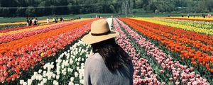 Preview wallpaper girl, tulips, flowers, field, colorful