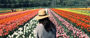 Preview wallpaper girl, tulips, flowers, field, colorful