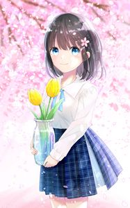 Preview wallpaper girl, tulips, flowers, anime