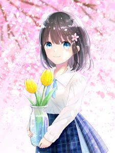 Preview wallpaper girl, tulips, flowers, anime