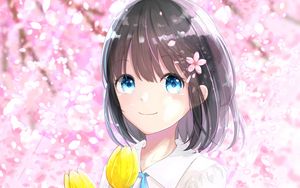 Preview wallpaper girl, tulips, flowers, anime