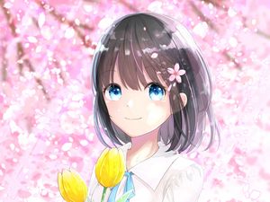 Preview wallpaper girl, tulips, flowers, anime