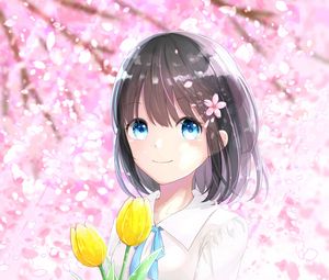 Preview wallpaper girl, tulips, flowers, anime