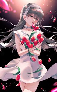 Preview wallpaper girl, tulips, flowers, bouquet, anime, art