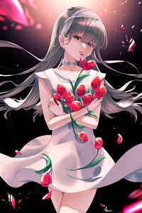 Preview wallpaper girl, tulips, flowers, bouquet, anime, art