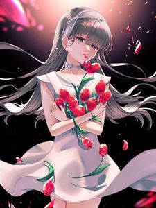 Preview wallpaper girl, tulips, flowers, bouquet, anime, art