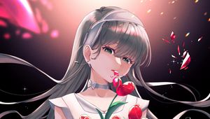 Preview wallpaper girl, tulips, flowers, bouquet, anime, art