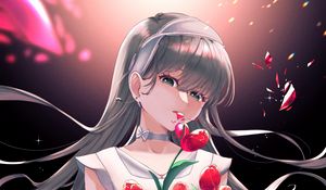 Preview wallpaper girl, tulips, flowers, bouquet, anime, art