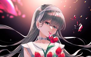 Preview wallpaper girl, tulips, flowers, bouquet, anime, art