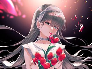 Preview wallpaper girl, tulips, flowers, bouquet, anime, art