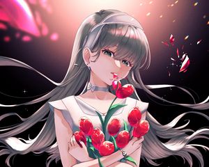 Preview wallpaper girl, tulips, flowers, bouquet, anime, art