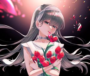 Preview wallpaper girl, tulips, flowers, bouquet, anime, art