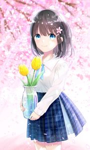 Preview wallpaper girl, tulips, flowers, bouquet, anime