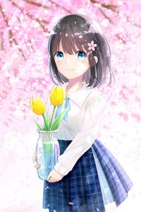 Preview wallpaper girl, tulips, flowers, bouquet, anime