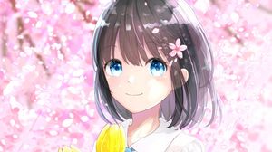 Preview wallpaper girl, tulips, flowers, bouquet, anime