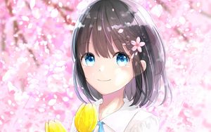 Preview wallpaper girl, tulips, flowers, bouquet, anime