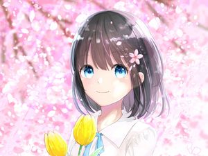 Preview wallpaper girl, tulips, flowers, bouquet, anime