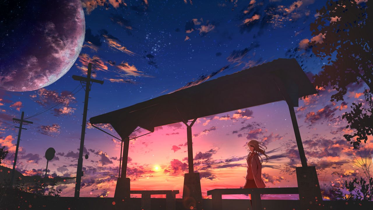 Wallpaper girl, twilight, clouds, anime