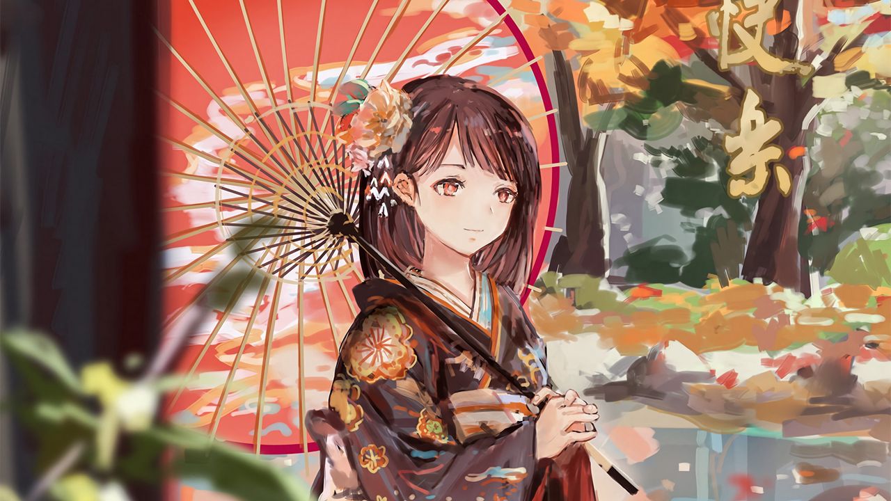 Wallpaper girl, umbrella, anime, kimono, garden, autumn